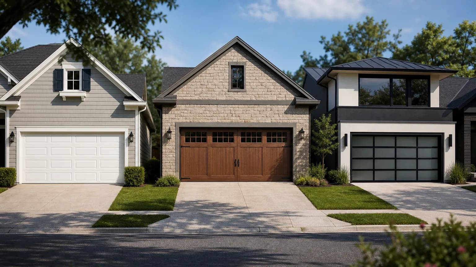 Two car garage with a dark carriage house style door on a brick and siding home with a sloped driveway