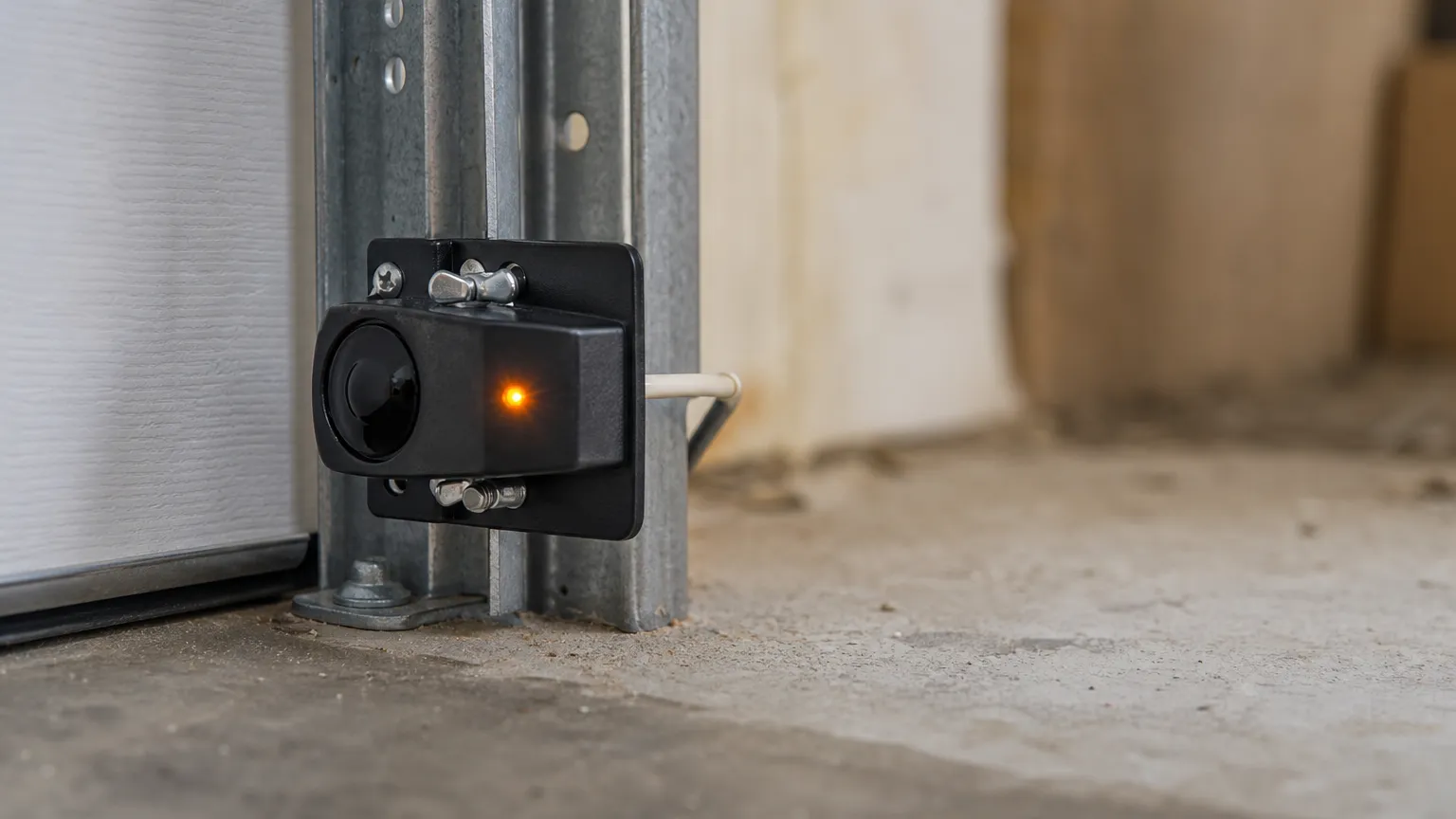 Small photo eye safety sensor mounted low on a garage door track beside a concrete floor