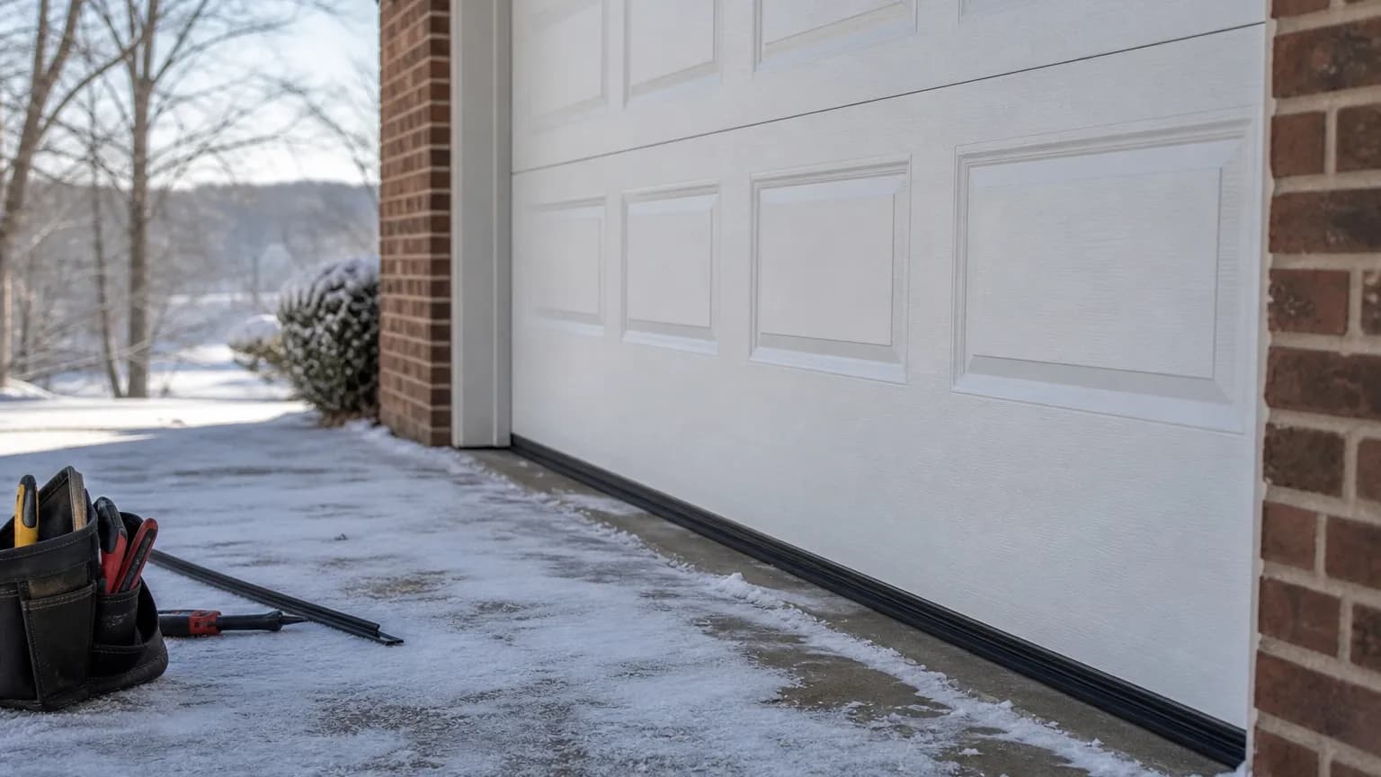 Closed white garage door on a brick home with a light dusting of snow on the driveway and bare trees