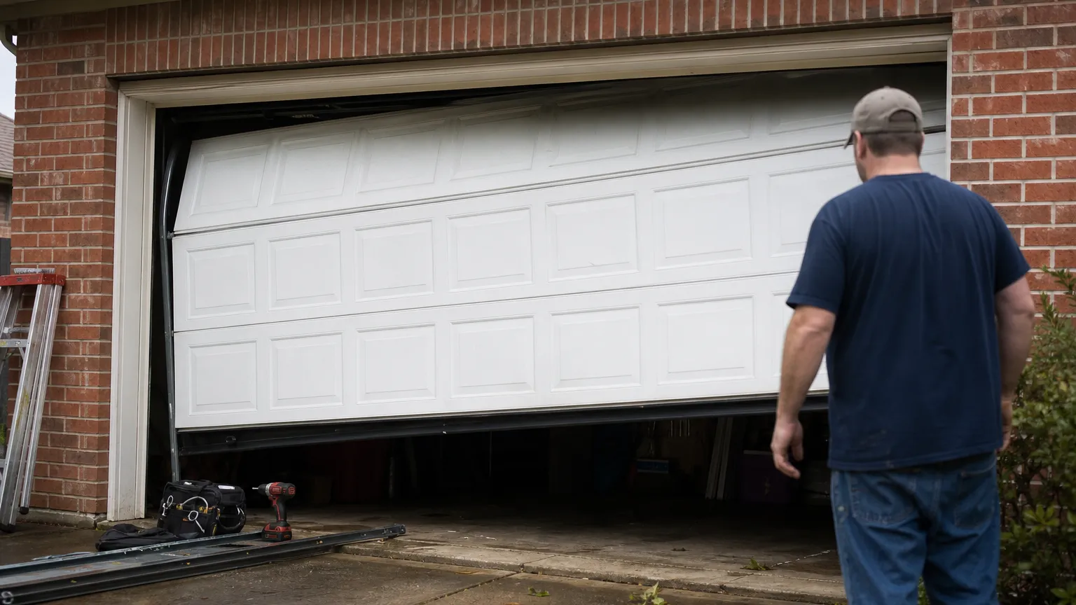 Partly open white garage door hanging slightly crooked on a suburban home with a concrete driveway
