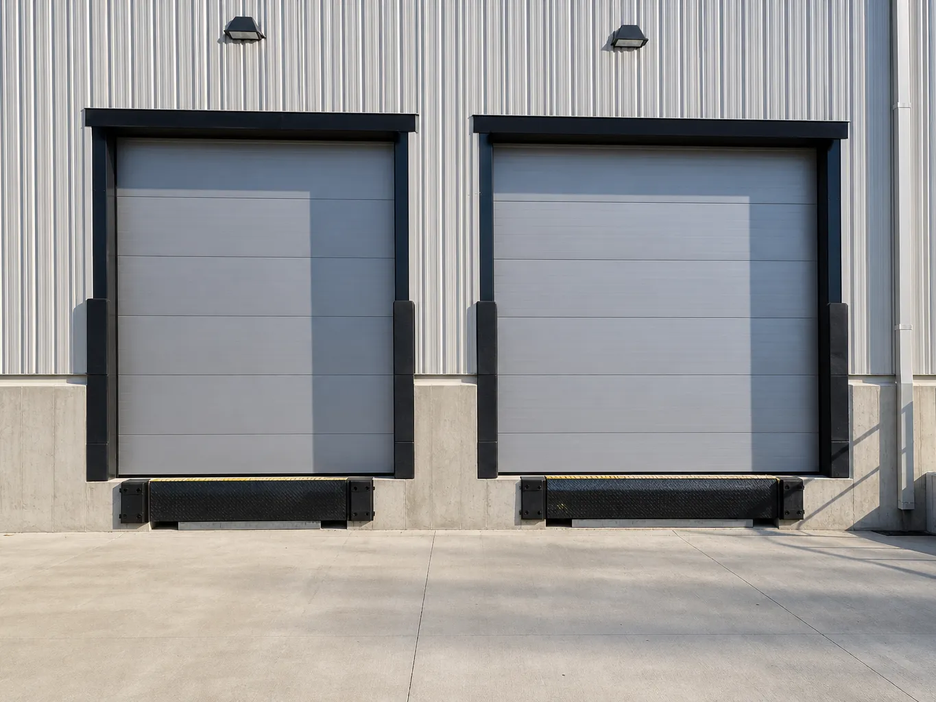 Small commercial building with two steel sectional overhead doors at a loading area