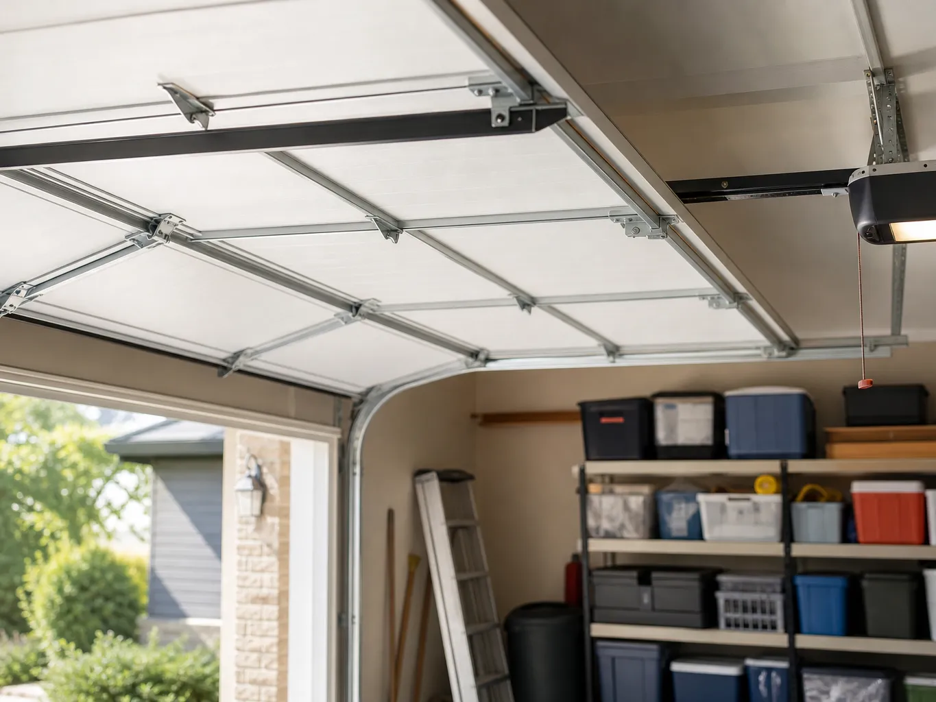 Inside a two car garage looking up at a raised sectional door, its tracks, rollers and opener rail