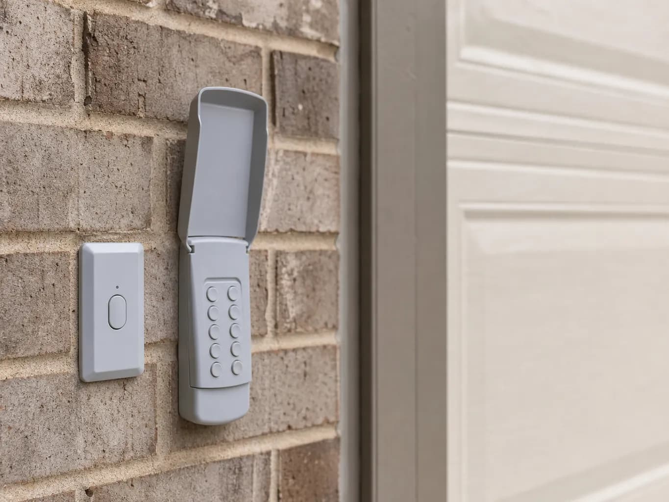 Wireless keypad on the brick beside a garage door frame