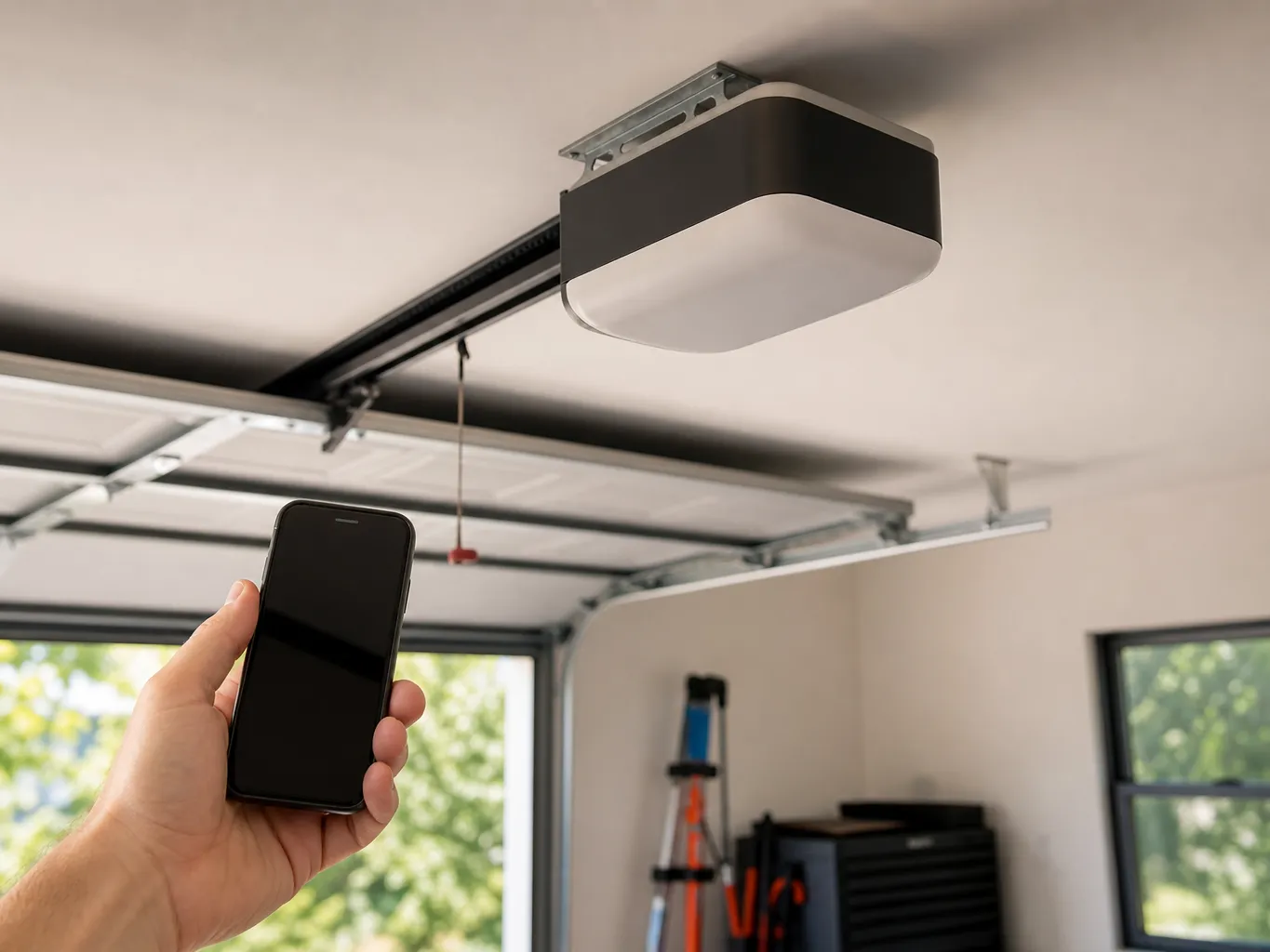 Belt drive garage door opener mounted to the ceiling of a clean garage with the rail running to the door