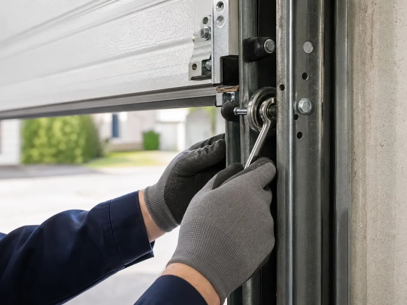 Technician's hands tightening a bracket on a steel garage door track inside a residential garage