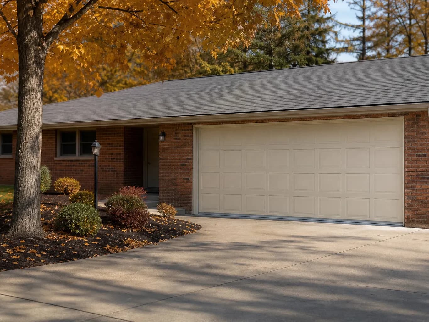 Brick ranch home with an almond insulated garage door, mulched beds and autumn trees
