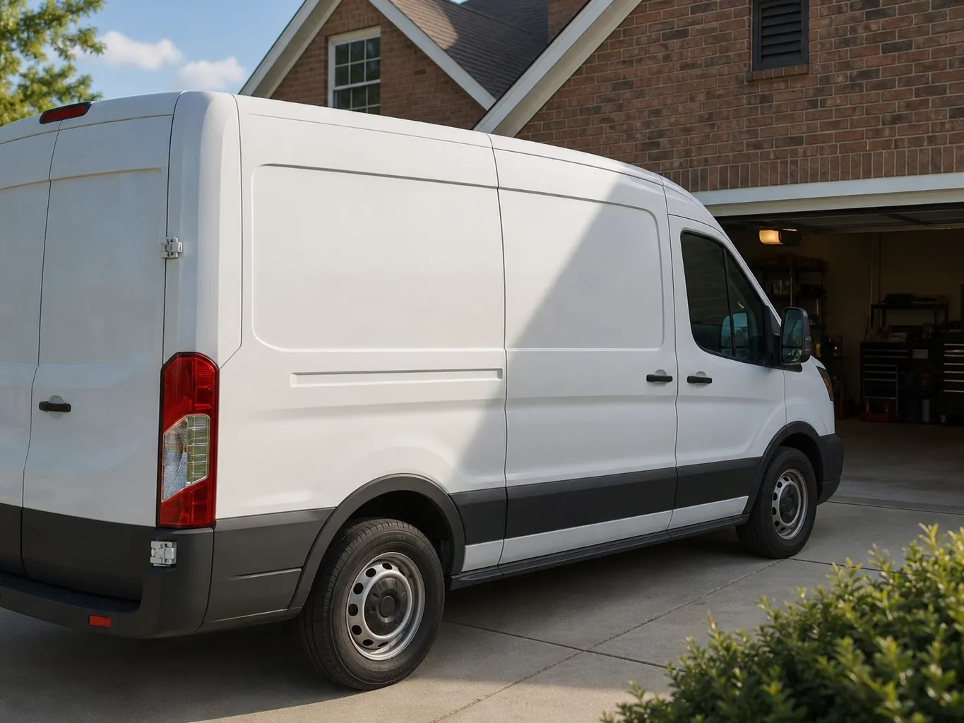 Service van parked in a driveway in front of an open garage door